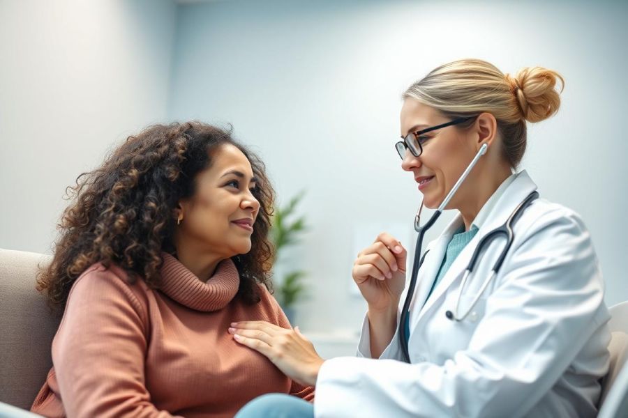 Doctor consults with a patient in a modern clinic. A female doctor wearing a white coat and stethoscope speaks with a smiling woman. Healthcare, medical consultation, and patient care are key themes. Warm colors and a bright, clean environment.