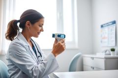 A female doctor in a white coat uses a contactless thermometer in a bright, modern medical office. The scene features a clean, white environment with a window and a chart on the wall. Focus is on healthcare, medical checkups, and preventative care.