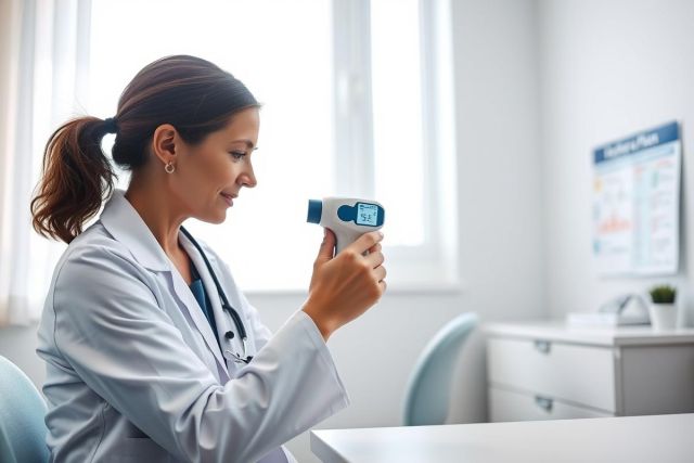 A female doctor in a white coat uses a contactless thermometer in a bright, modern medical office. The scene features a clean, white environment with a window and a chart on the wall. Focus is on healthcare, medical checkups, and preventative care.