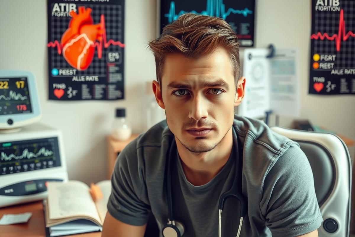 The image portrays a young man, possibly a doctor or medical professional, seated in an office setting. He appears to be focused on work as he looks down at a piece of paper or a computer screen.