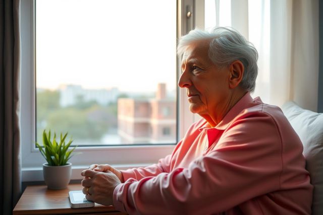 The image depicts an older man sitting in a room with a view of buildings outside. He appears to be contemplating or waiting, possibly for something. 