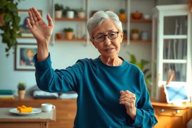 A cheerful elderly woman stands in a modern kitchen, waving her hand and smiling as if she's greeting someone or expressing happiness. She is wearing glasses and has gray hair.