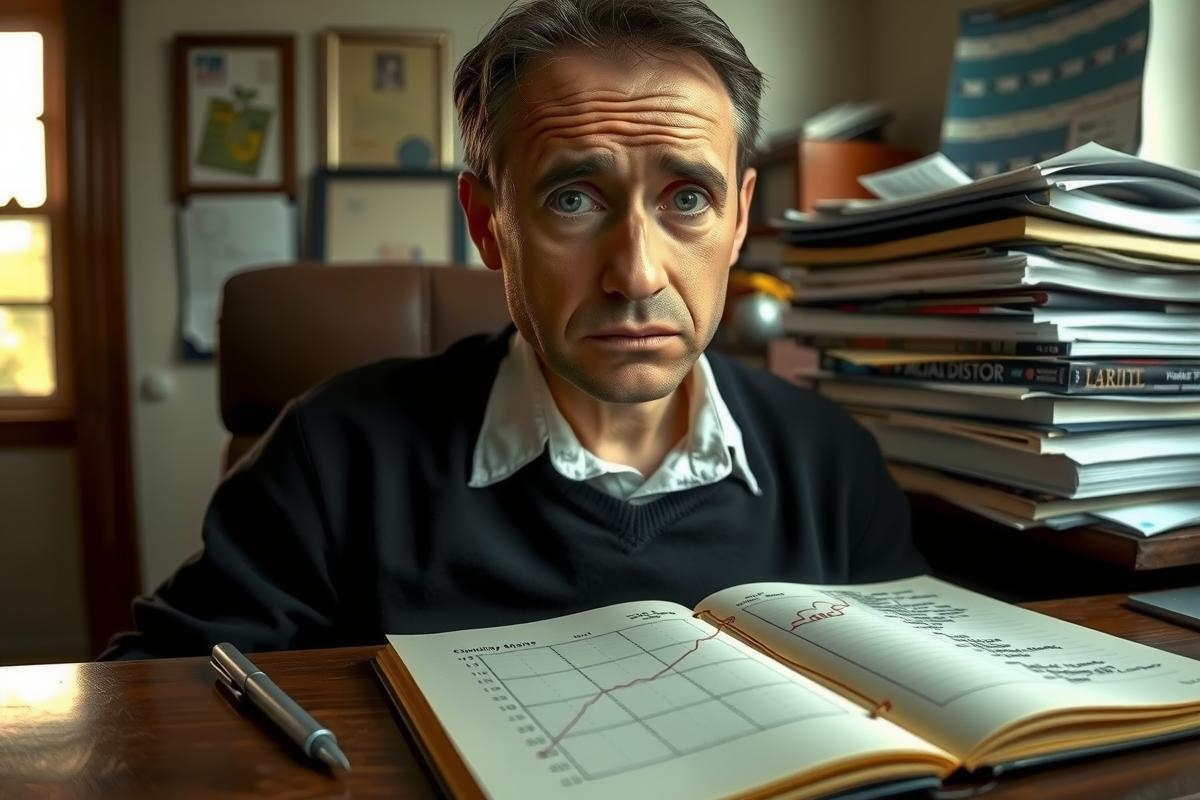 The image depicts a man, possibly of European descent, seated at a desk in an indoor setting that resembles an office or study.