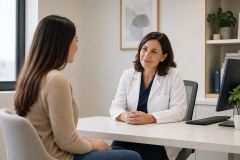 Doctor consulting with patient in modern clinic office, discussing treatment options and planning.