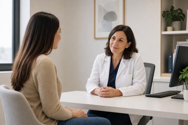 Doctor consulting with patient in modern clinic office, discussing treatment options and planning.