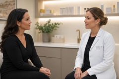 Doctor and patient in cosmetic clinic consultation discussing treatment options, calm professional setting
