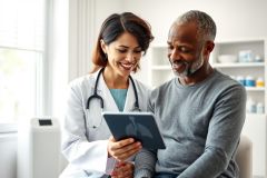 Doctor and patient during consultation. A smiling female doctor in a white coat and stethoscope shows a tablet to a mature African American man in a bright, modern clinic setting. Healthcare, medical appointment, digital health, and patient care themes.