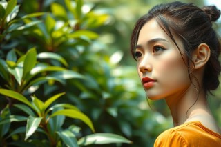 A woman in a forest, looking away with red lipstick, wearing an orange top. She has long hair and is surrounded by green foliage on a sunny day.