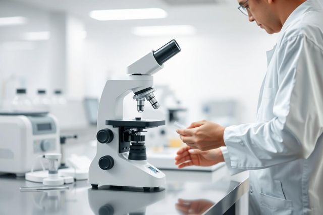 Scientist working in a modern laboratory. A microscope is prominently featured on a white lab bench, with medical equipment in the background. The image conveys a sense of scientific research and analysis in a clean, bright environment. Focus on biology, lab work, and microscopy.