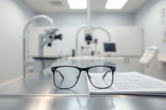 Black framed eyeglasses resting on papers in a modern, sterile eye exam room. The background features blurred optical equipment and a clean white and grey color palette, suggesting an optometrist's office or vision care setting. Focus is on the glasses and document.