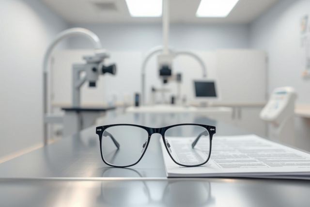 Black framed eyeglasses resting on papers in a modern, sterile eye exam room. The background features blurred optical equipment and a clean white and grey color palette, suggesting an optometrist's office or vision care setting. Focus is on the glasses and document.