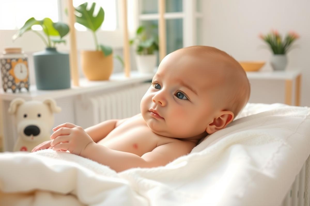 The image features a serene indoor scene with a newborn baby lying down. The baby, with their head slightly turned, has blue eyes and appears to be looking towards something out of frame. The baby is swaddled in a white blanket and rests on a light-colored cushion or pillow. In the background, there's a wooden bookshelf with various decorative items and potted plants adding to the warmth of the setting.
