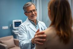 A friendly doctor in a white coat consults with a patient in a modern medical office. The scene features calming blue walls and a relaxed atmosphere, suggesting healthcare and wellness. Focus is on the doctor's reassuring expression and patient interaction.