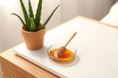 Close-up of a succulent in a terracotta pot, honey in a glass bowl with a wooden spoon, and a light wood surface. Bright, natural lighting. Minimalist, warm aesthetic.