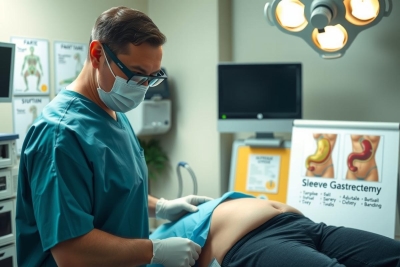 An image depicts a hospital operating room with medical staff. A surgeon is performing an operation on a patient. The operating table is equipped with monitors and lights typically used in surgical procedures, suggesting a high-tech and sterile environment.