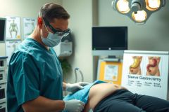 An image depicts a hospital operating room with medical staff. A surgeon is performing an operation on a patient. The operating table is equipped with monitors and lights typically used in surgical procedures, suggesting a high-tech and sterile environment.