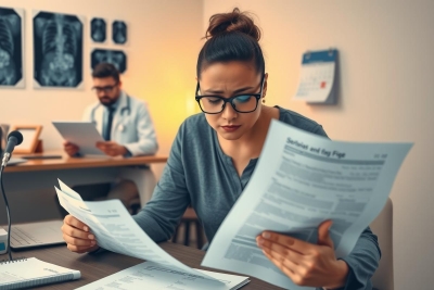 The image depicts an indoor setting where two individuals are engaged in professional activities. On the right, there is a person seated at a desk with medical documents and papers spread out in front of them, suggesting a review or analysis task. They are wearing glasses and appear focused on the paperwork.