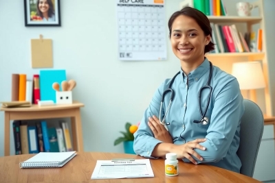 This is a photograph of a young female doctor sitting at her desk in an office. She is smiling towards the camera, appearing professional and friendly. Her attire consists of a light blue medical uniform with a stethoscope around her neck. The office setting includes shelves with various books and items indicating a modern and professional environment.