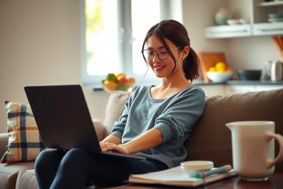 Woman wearing glasses sitting on a couch using a laptop. Her facial expression is content and focused as she works or browses the internet in a modern home setting with natural light streaming in through windows.