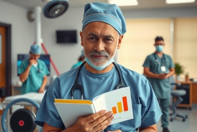 The image features a man in a doctor's uniform, likely an anesthesiologist given the context. He is holding a clipboard with medical data. Other healthcare professionals are present in the background, suggesting teamwork and collaboration.