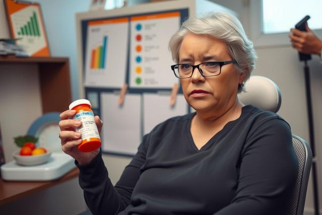 The image depicts an older woman seated at a desk, holding a prescription medication bottle. The room appears to be an office environment with medical posters on the wall and other health-related materials in the background.