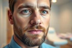 Close-up portrait of a young man with striking blue eyes, a beard, and mustache. The image features a shallow depth of field, highlighting his face against a blurred, modern interior background. Warm lighting emphasizes his features and creates a focused, intimate feel.