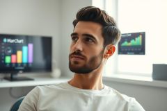 Young man with beard wearing an earpiece, working in a modern office. Computer monitors displaying colorful charts and graphs are visible in the background, suggesting business, finance, or data analysis. Bright, professional setting.