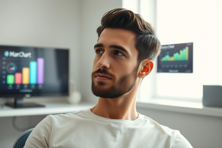 Young man with beard wearing an earpiece, working in a modern office. Computer monitors displaying colorful charts and graphs are visible in the background, suggesting business, finance, or data analysis. Bright, professional setting.