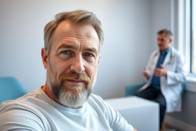 Man in a medical clinic setting. A middle-aged man with a gray beard looks directly at the camera. A doctor in a white coat is blurred in the background. Clean, modern interior with teal and white accents. Healthcare, patient, doctor visit.