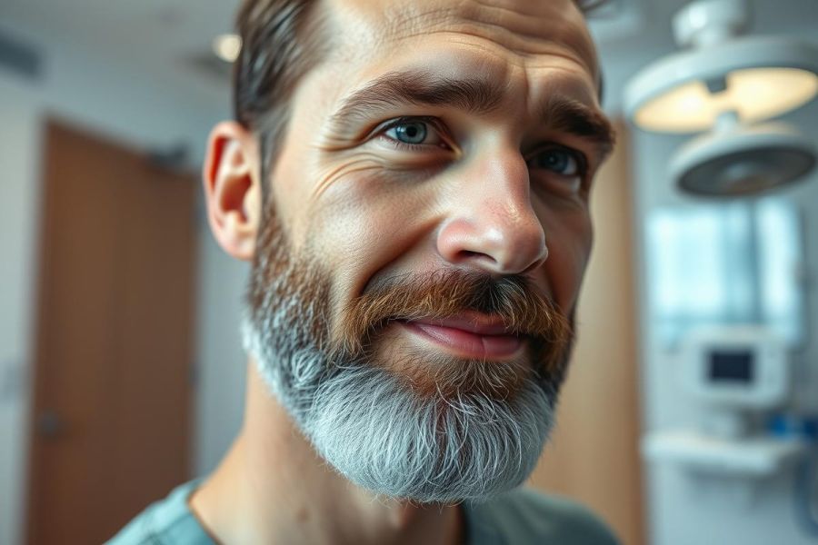 Close-up portrait of a man with a distinctive salt-and-pepper beard, set in a medical or dental clinic environment. Features warm brown tones, blue eyes, and modern surgical lighting in the background. Likely depicts a healthcare professional or patient.
