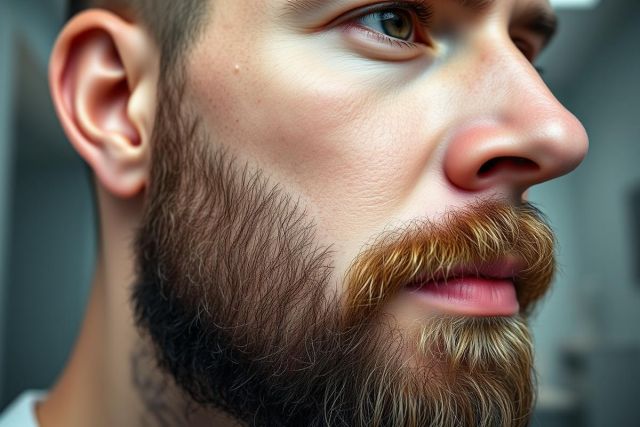 Close-up portrait of a man with a full, textured brown beard and mustache. The image focuses on facial details, showcasing a well-groomed beard style against a blurred neutral background. Features include warm skin tones and a sharp profile.