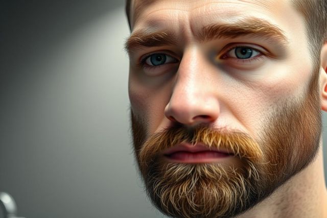 Close-up portrait of a man with striking blue eyes and a prominent reddish-brown beard and mustache. The image features a neutral gray background, highlighting the man's features and creating a modern, clean aesthetic. Focus on facial hair and male portrait photography.