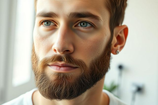 Close-up portrait of a young man with striking blue eyes and a neatly trimmed red-brown beard. He has fair skin and short brown hair. The background is a soft, neutral tone, highlighting his face. A modern, clean aesthetic. Man, portrait, beard, blue eyes, handsome, male model.