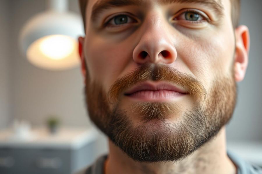 Close-up portrait of a young man with a well-groomed beard and striking blue eyes. Warm lighting highlights his face against a blurred, modern interior background. The image showcases a handsome male with a confident expression, suitable for themes like men's style, grooming, or portrait photography.
