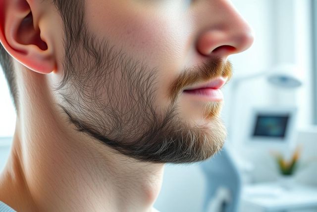 Close-up of a man's face showcasing a well-groomed beard and mustache. The image features a clean, modern medical or aesthetic environment with neutral colors. Focus on facial hair styling and grooming, potentially related to skincare or beauty treatments.