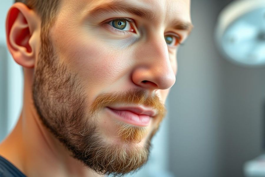 Close-up portrait of a young man with a beard and mustache, showcasing his striking green eyes. Warm tones and soft lighting highlight his profile against a blurred, modern background. A detailed image of male facial features and grooming.