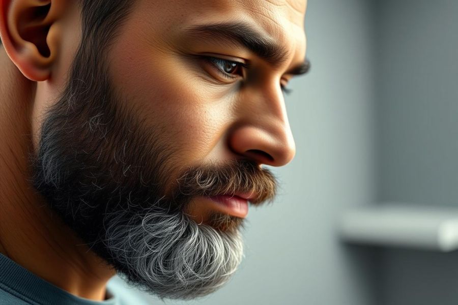 Close-up portrait of a man with a full beard featuring prominent grey streaks. He has a serious expression and is looking off to the side against a blurred grey background. Focus on facial features, male portrait, grey beard, thoughtful expression.