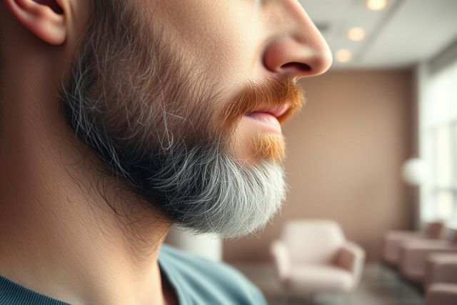 Close-up of a man's profile showcasing a striking two-tone beard: orange-red at the top fading to gray. The man is indoors, likely in a modern waiting area with neutral beige walls and blurred seating. Focus is on beard color and texture, suggesting grooming or style trends.