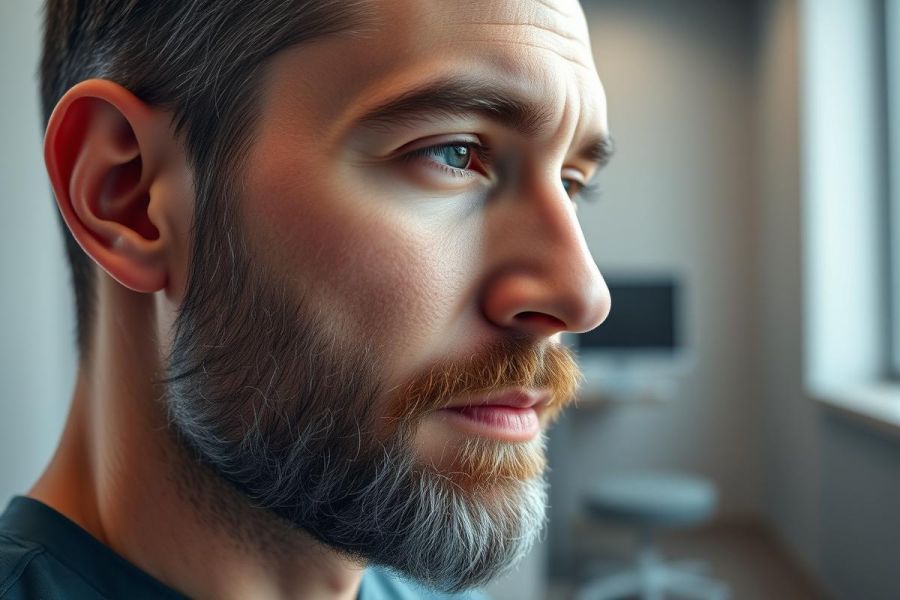 Close-up portrait of a man with a beard and graying hair, gazing thoughtfully. The image features a blurred office background with neutral colors and natural lighting, highlighting his profile and distinctive features.