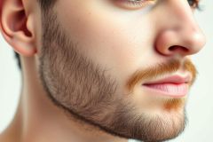 Close-up portrait of a man's face showing a well-groomed beard and mustache. The beard is dark brown with reddish highlights, contrasting against fair skin. The background is clean and white, emphasizing the detail of facial hair and features. Focus on grooming, men's style, and portrait photography.