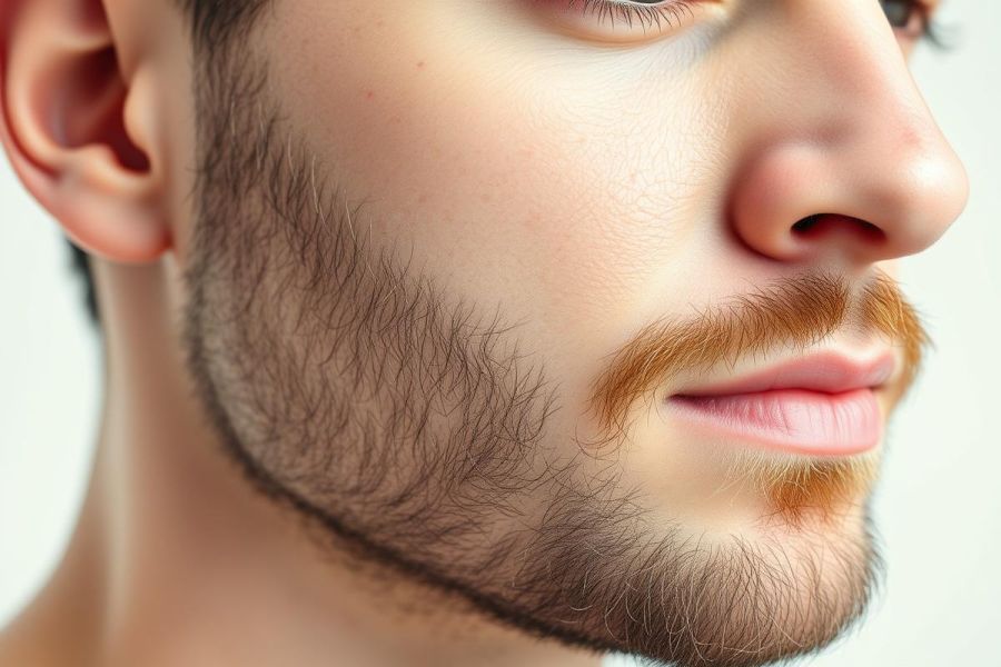 Close-up portrait of a man's face showing a well-groomed beard and mustache. The beard is dark brown with reddish highlights, contrasting against fair skin. The background is clean and white, emphasizing the detail of facial hair and features. Focus on grooming, men's style, and portrait photography.