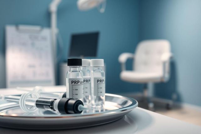 PRP treatment preparation in a medical setting. Vials of platelet-rich plasma, a syringe, and medical instruments are displayed on a tray in a blue-toned clinic environment. Focus on aesthetic medicine and regenerative therapies.