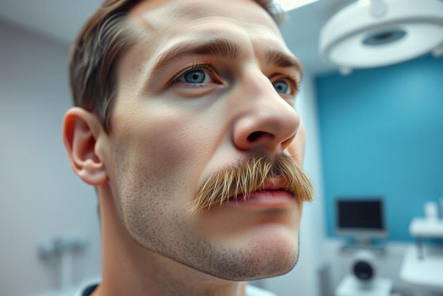 Close-up portrait of a man with a distinctive handlebar mustache, set against a modern blue medical office background. Features bright blue eyes and a clean-shaven face, with medical equipment visible in the blurred background.
