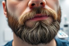 Close-up portrait of a man with a full, textured brown and gray beard. The image focuses on the facial hair and lips, set against a blurred blue background. A detailed view of male grooming and beard style.