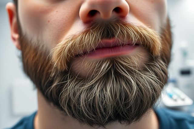 Close-up portrait of a man with a full, textured brown and gray beard. The image focuses on the facial hair and lips, set against a blurred blue background. A detailed view of male grooming and beard style.