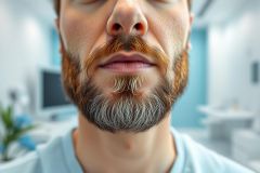 Close-up portrait of a man with a distinctive reddish-brown beard featuring a patch of grey hair. The background shows a blurred modern office or healthcare setting with blue and white tones. Focus on facial hair, aging, and beard styles.