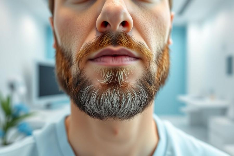 Close-up portrait of a man with a distinctive reddish-brown beard featuring a patch of grey hair. The background shows a blurred modern office or healthcare setting with blue and white tones. Focus on facial hair, aging, and beard styles.