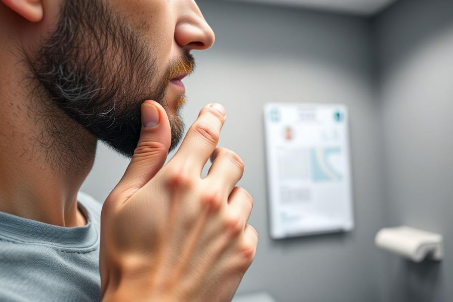 Close-up of a man with a beard thoughtfully touching his chin in a modern, gray-toned room. Focus on facial hair and contemplation. Healthcare or grooming concept.