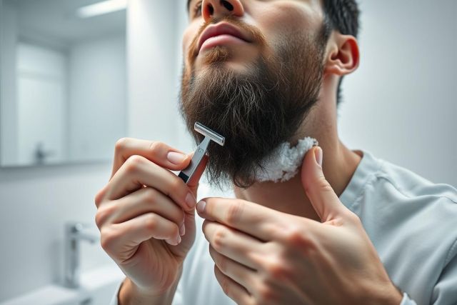 Man shaving his beard in a modern bathroom. Close-up shows hand holding a razor over dark facial hair and white shaving cream. Clean, bright setting with neutral tones and focus on grooming and men's skincare.