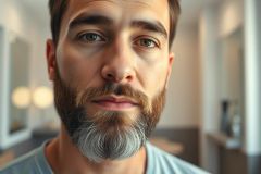 Close-up portrait of a man with a distinctive beard featuring a prominent gray goatee. He has brown hair and eyes, set against a blurred background suggesting a salon or barbershop. Warm tones and natural lighting highlight his features.